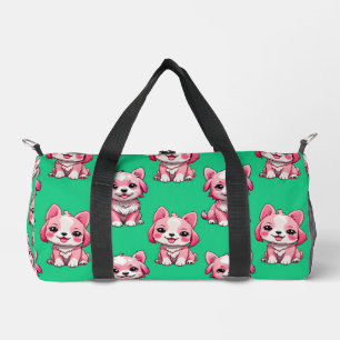 Pink Puppy Dog Pattern Design - Green  Duffle Bag