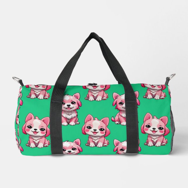 Pink Puppy Dog Pattern Design - Green  Duffle Bag (Front)