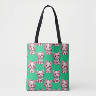 Pink Puppy Dog Pattern Design - Green Tote Bag