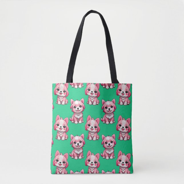 Pink Puppy Dog Pattern Design - Green  Tote Bag (Front)
