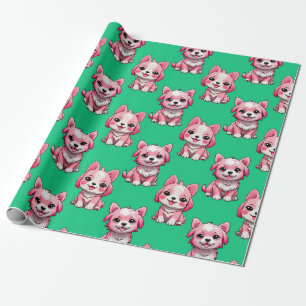 Pink Puppy Dog Pattern Design - Green Wrapping Paper