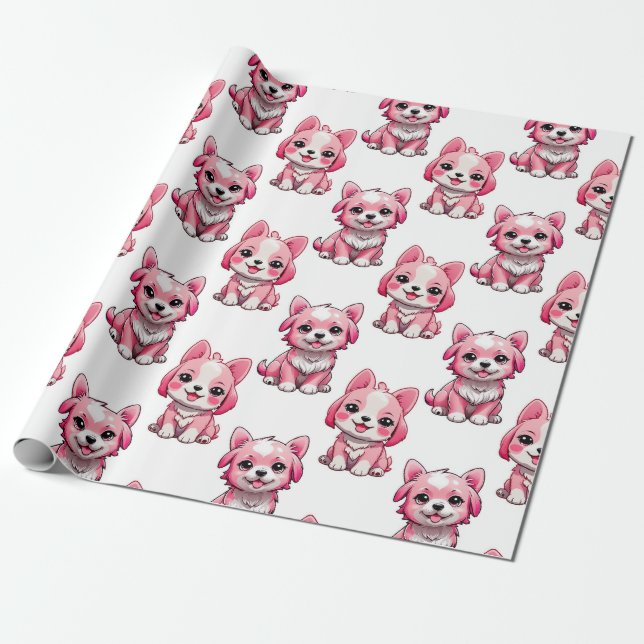 Pink Puppy Dog Pattern Design - white  Wrapping Paper (Unrolled)