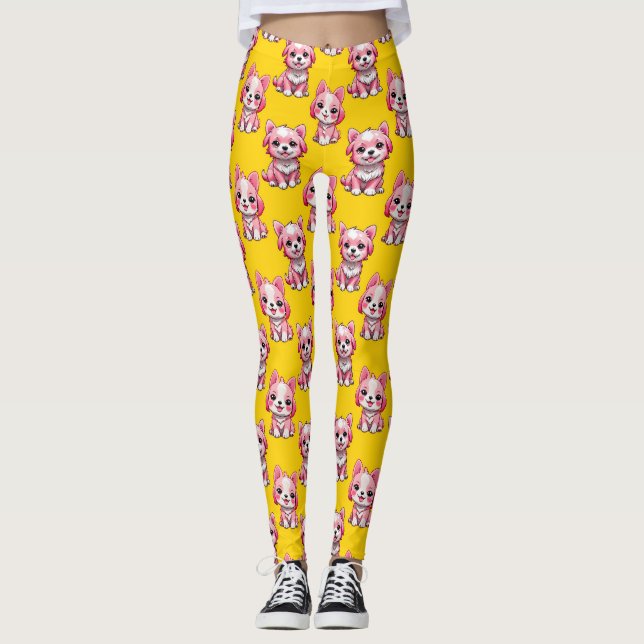 Pink Puppy Dog Pattern Design - Yellow  Leggings (Front)