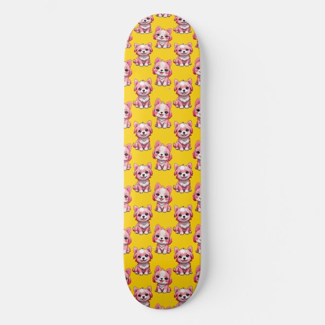 Pink Puppy Dog Pattern Design - Yellow  Skateboard (Front)