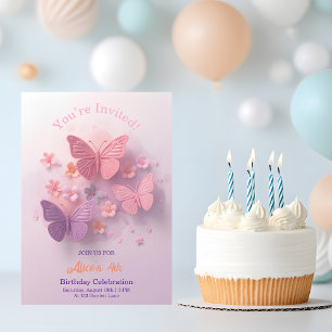 Pink Purple 3D Butterfly Girl Birthday Invitation