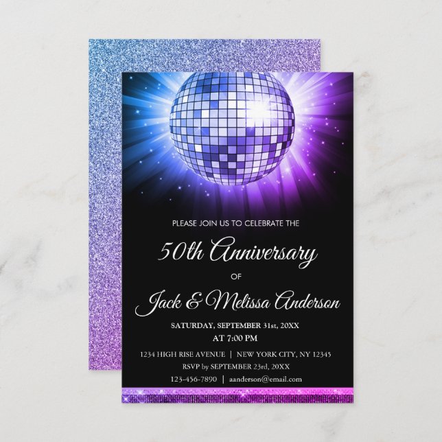 Pink Purple 50th Anniversary Party Disco Ball Invitation (Front/Back)