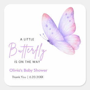Pink Purple A Little Butterfly Baby Shower Square Sticker