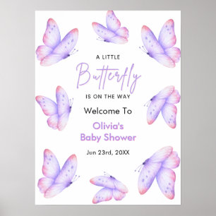 Pink Purple A Little Butterfly Baby Shower Welcome Poster