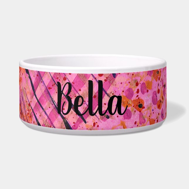 Pink Purple Abstract Painting Ceramic Pet Bowl (Front)
