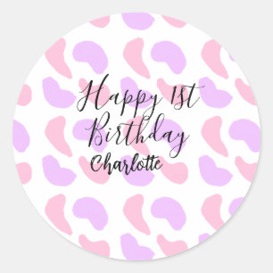 Pink purple abstracts shapes happy 1st birthday na classic round sticker