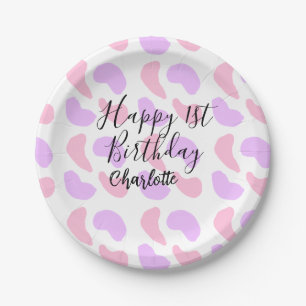 Pink purple abstracts shapes happy 1st birthday na paper plate