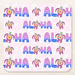 Pink Purple Aloha Hawaiian Tropical Turtle Square Paper Coaster