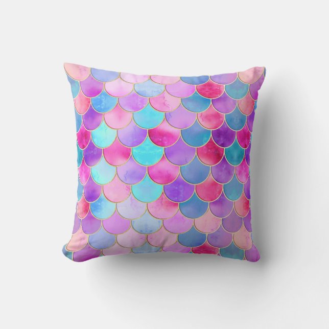 Pink, Purple and Aqua Mermaid Scale Pattern Cushion (Front)