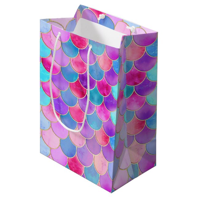 Pink, Purple and Aqua Mermaid Scale Pattern Medium Gift Bag (Front Angled)