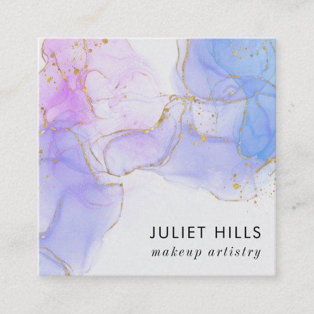 Pink, Purple and Blue Alcohol Ink Square Business Card (Front)