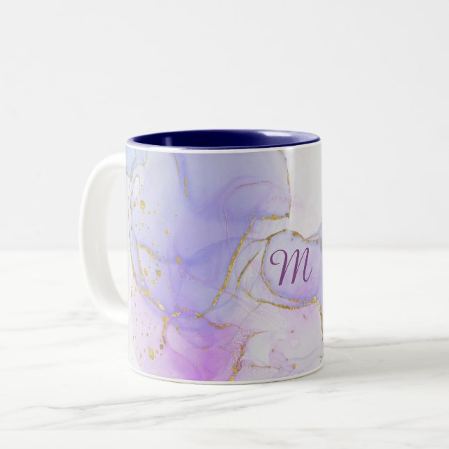 Pink, Purple and Blue Alcohol Ink Two-Tone Coffee Mug (Front Left)