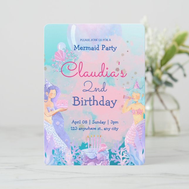 Pink Purple and Blue Mermaid Themed Birthday Party Invitation (Standing Front)