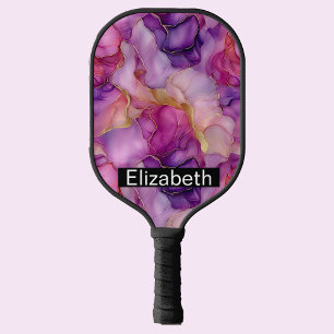 Pink, Purple and Gold Alcohol Ink Personalized Pickleball Paddle