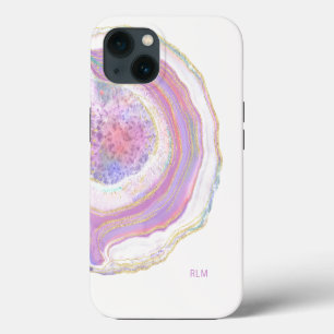 Pink Purple and Gold Marble Geode with Monogram iPhone 13 Case