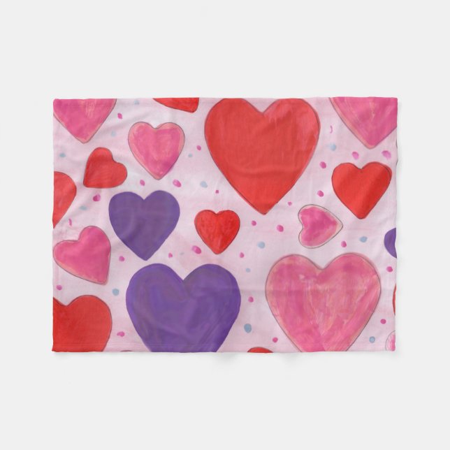 Pink Purple and Red Valentine's Day Hearts Fleece Blanket (Front (Horizontal))