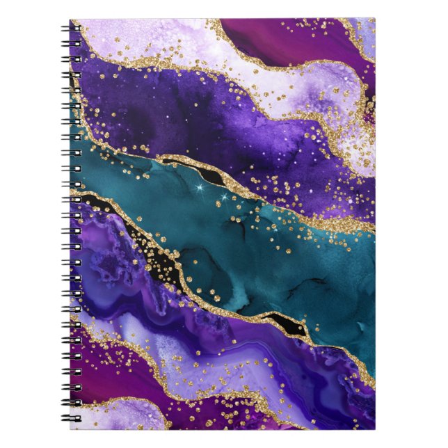 Pink, Purple and Teal Glitter Peacock Agate Notebook (Front)