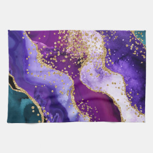 Pink, Purple and Teal Glitter Peacock Agate Tea Towel