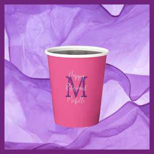 Pink Purple and White Monogrammed Retirement Party Paper Cups