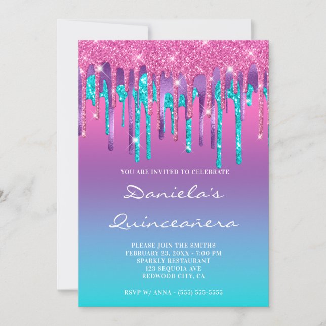 Pink Purple Aqua Teal Gradient Drip Quinceañera Invitation (Front)