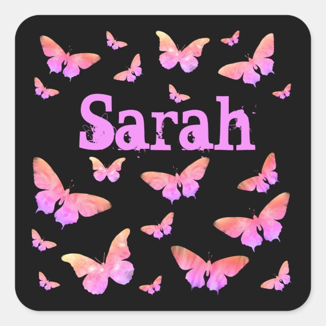 Pink & Purple Artsy Butterfly Art Sarah Girls Name Square Sticker (Front)