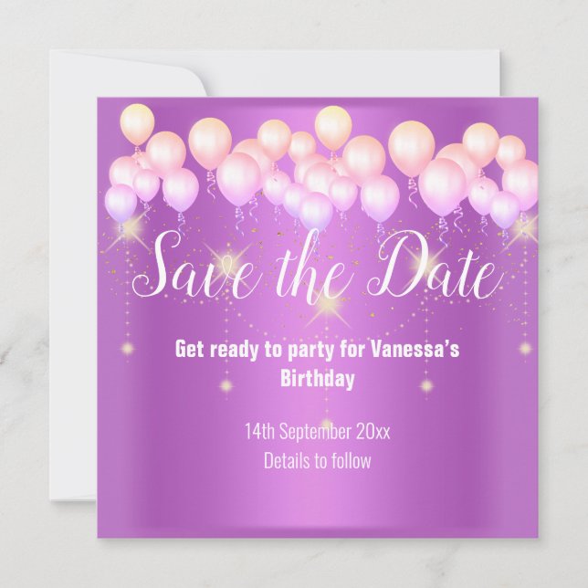 PINK PURPLE BALLOON SAVE THE DATE ANNOUNCEMENT (Front)