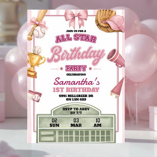 Pink Purple Baseball Theme All Star Girl Birthday Invitation