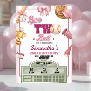 Pink Purple Baseball Theme Born Two Ball Birthday Invitation