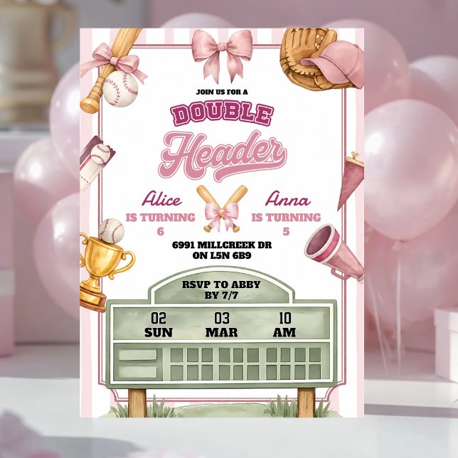 Pink Purple Baseball Theme Double Header Birthday Invitation (Creator Uploaded)