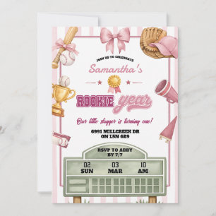 Pink Purple Baseball Theme Rookie Year Birthday Invitation