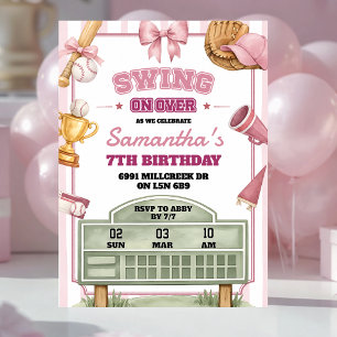 Pink Purple Baseball Theme Swing On Over Birthday Invitation