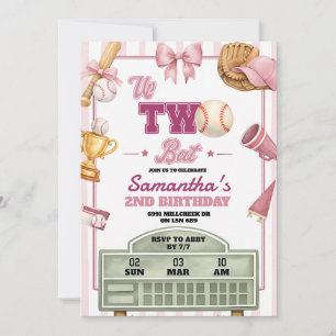 Pink Purple Baseball Theme Up Two Bat Birthday Invitation