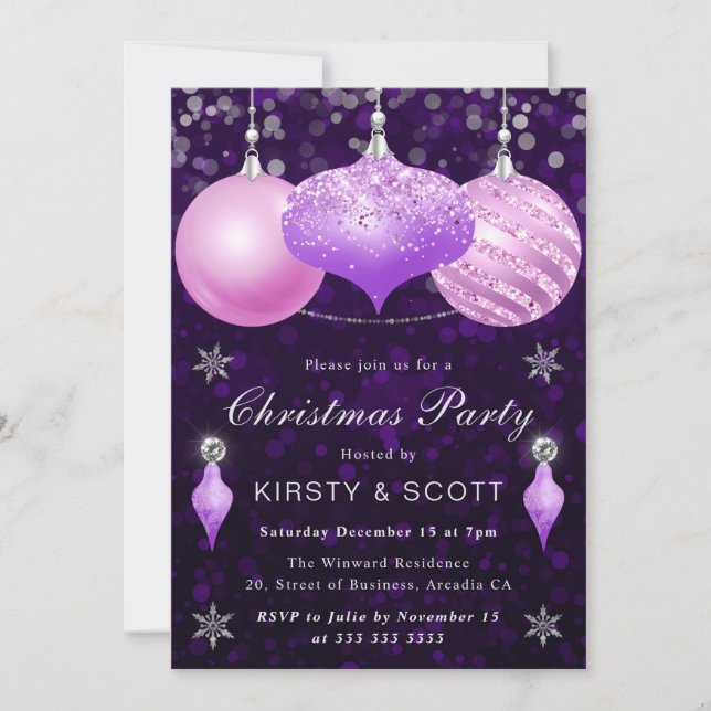 Pink & Purple Baubles Christmas Dinner Party Invitation (Front)