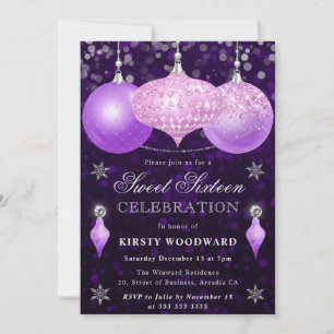 Pink & Purple Baubles Christmas Sweet 16 Invitation