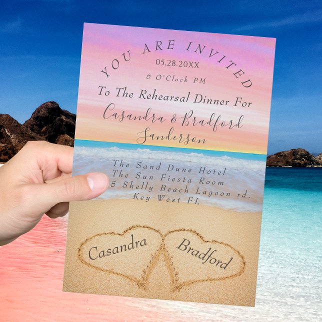  Pink Purple Beach  2 Hearts Sand Rehearsal Dinner Invitation (Creator Uploaded)