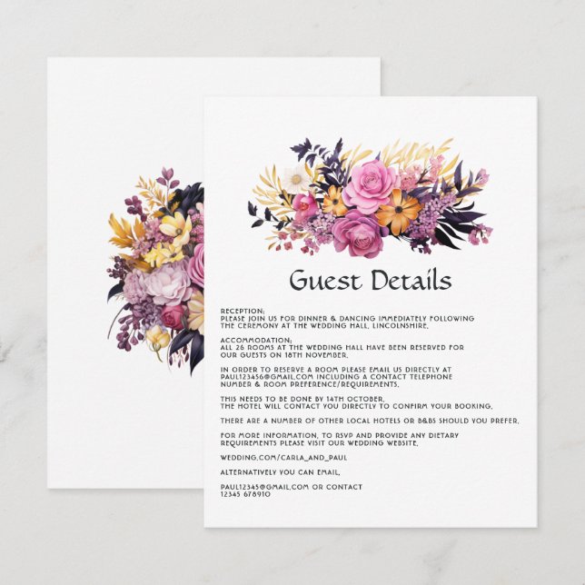 Pink, Purple, Black, and Gold Floral Guest Details Enclosure Card (Front/Back)