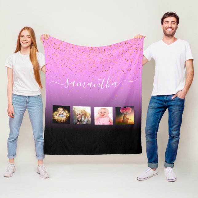 Pink purple black collage name script fleece blanket (In Situ)