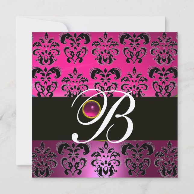 PINK PURPLE BLACK DAMASK MONOGRAM Amethyst Fuchsia Invitation (Front)