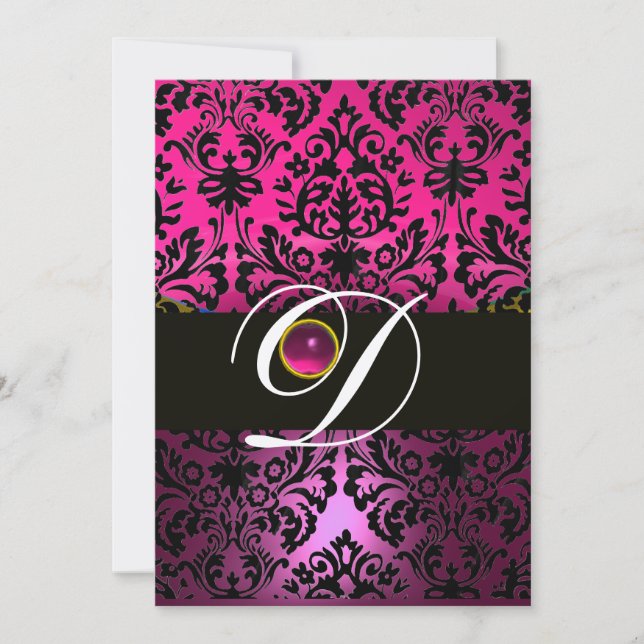 PINK PURPLE BLACK DAMASK MONOGRAM Amethyst Fuchsia Invitation (Front)
