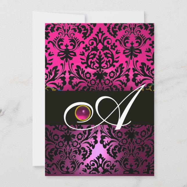 PINK PURPLE BLACK DAMASK MONOGRAM Amethyst Fuchsia Invitation (Front)