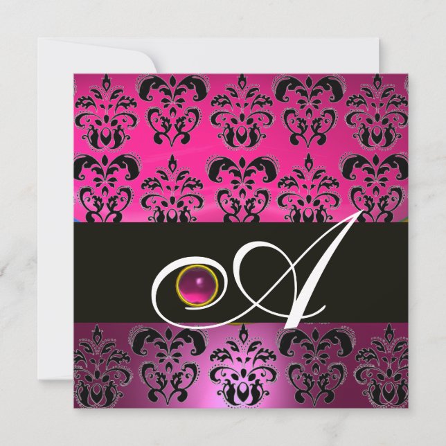 PINK PURPLE BLACK DAMASK MONOGRAM Amethyst Fuchsia Invitation (Front)