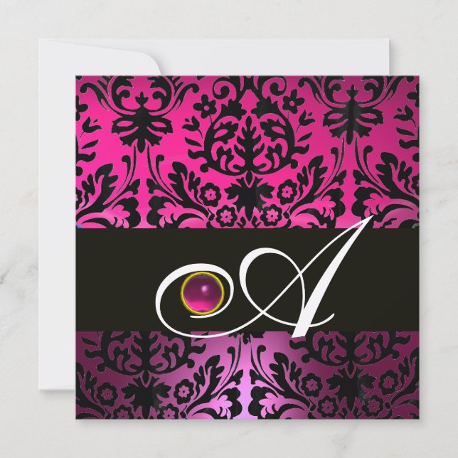 PINK PURPLE BLACK DAMASK MONOGRAM Amethyst Fuchsia Invitation (Front)