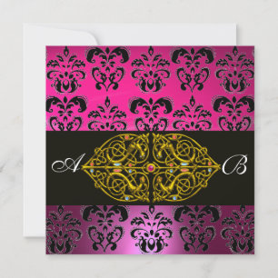 PINK PURPLE BLACK  DAMASK MONOGRAM ,fuchsia,gold Invitation