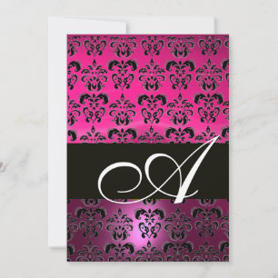 PINK PURPLE BLACK DAMASK MONOGRAM ,fuchsia white Invitation