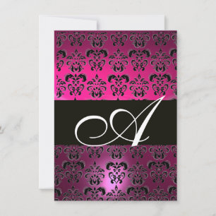 PINK PURPLE BLACK DAMASK MONOGRAM fuchsia white Invitation