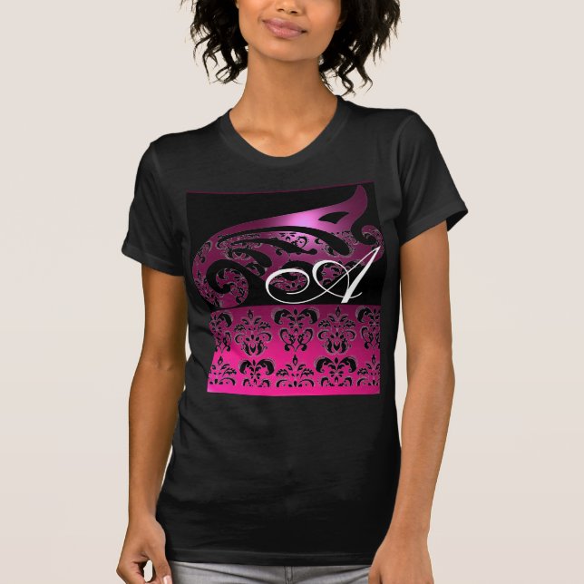 PINK PURPLE BLACK DAMASK MONOGRAM ,white, fuchsia T-Shirt (Front)